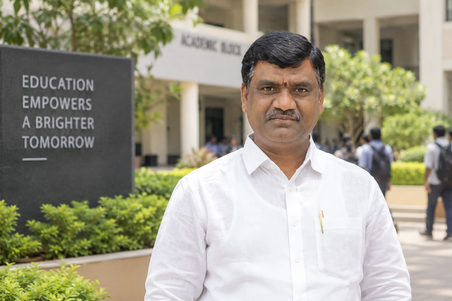 Gouri Satish on a college campus, beside a sign reading "Education Empowers a Brighter Tomorrow"