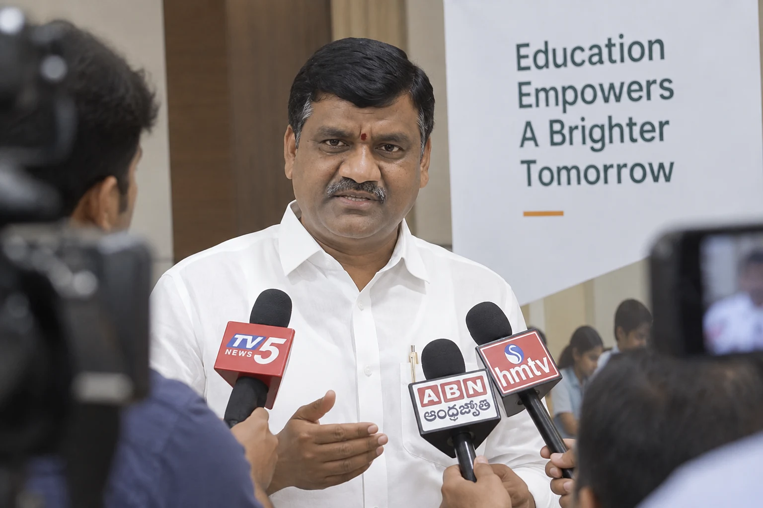 Gouri Satish speaking to TV5, ABN and hmtv reporters