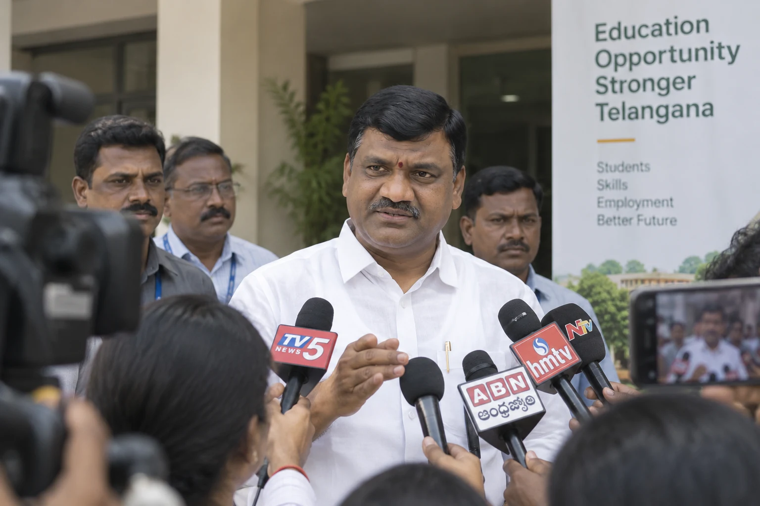 Gouri Satish giving a press interview with colleagues alongside