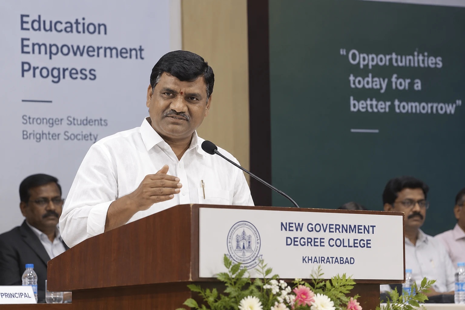 Gouri Satish addressing an audience from the podium at New Government Degree College, Khairatabad