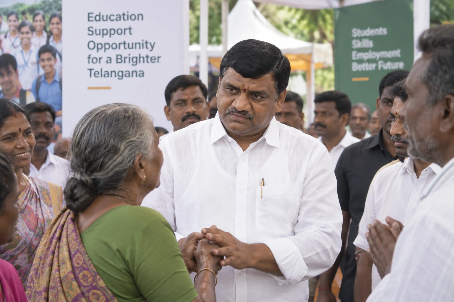 Gouri Satish greeting an elderly woman at a community outreach event